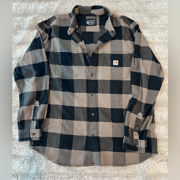 Carhartt Men's XL Relaxed Fit Flannel Long-Sleeve Plaid Shirt Black and Tan - Picture 1 of 4